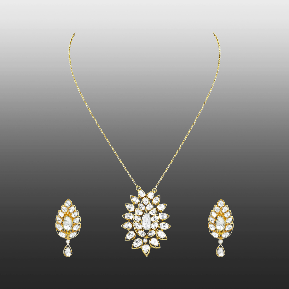 Floral Polki Pendant Set with Teardrop Open Polki on Sleek Chain
